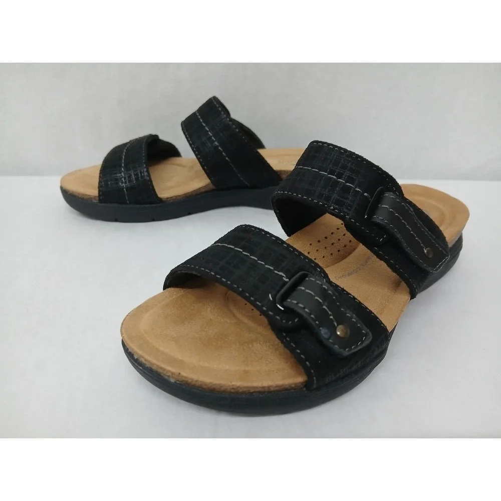 Clarks Women's April‎ Dusk Black Leather Adjustable Sandals 26172318 Sz 7